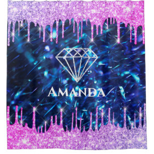 Name Sparkly Glitter Drips Pink Navy Blue Bride Shower Curtain
