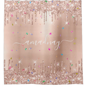 Name Sparkly Glitter Drips Pink Rose Confetti Shower Curtain