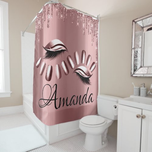 Name Sparkly Glitter Drips Pink Rose Girly Nails Shower Curtain