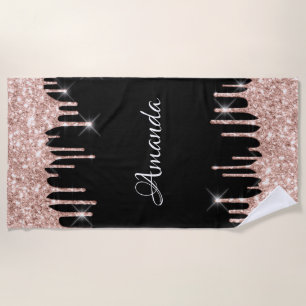 Name Sparkly Glitter Drips Pink Rose Gold Black Beach Towel