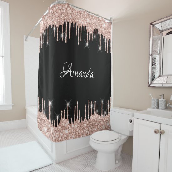 Name Sparkly Glitter Drips Pink Rose Gold Blush Shower Curtain
