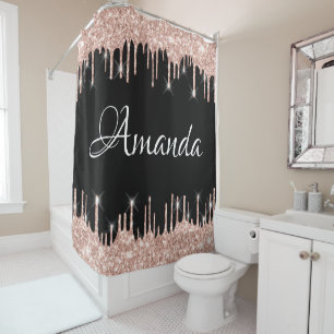 Name Sparkly Glitter Drips Pink Rose Gold Blush Shower Curtain