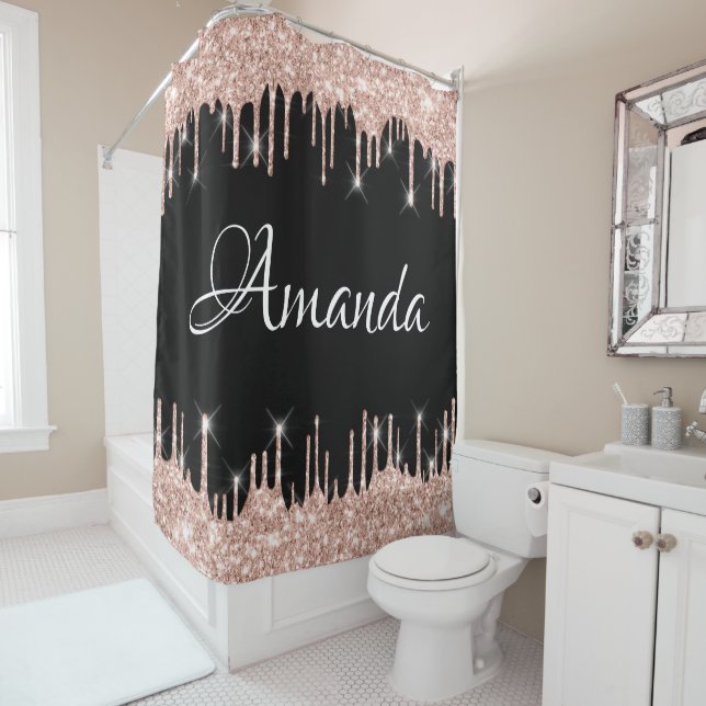 Name Sparkly Glitter Drips Pink Rose Gold Blush Shower Curtain (In Situ)