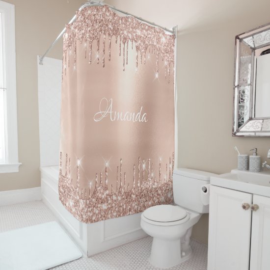 Name Sparkly Glitter Drips Pink Rose Gold White Shower Curtain