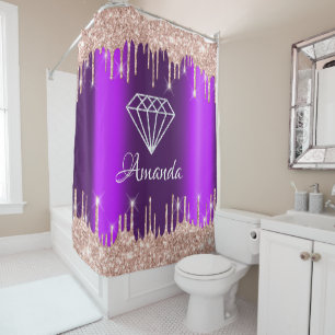 Name Sparkly Glitter Drips Pink Rose Purple Bridal Shower Curtain