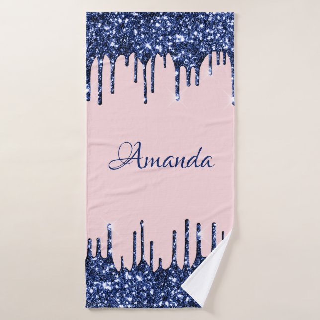 Name Sparkly Glitter Drips Rose Blue Navy Bath Towel (Bath Towel)