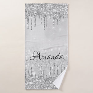 Name Sparkly Glitter Drips Silver Gray Grey Bath Towel