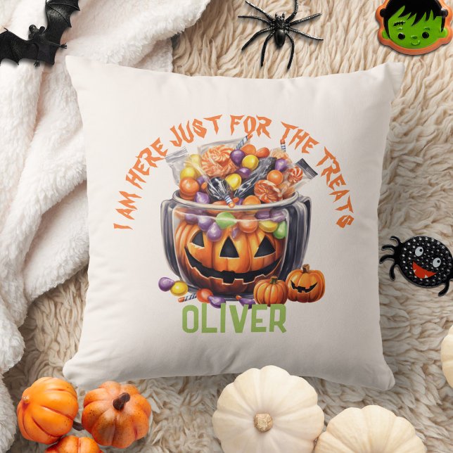 Name Spooky Orange Purple Pumpkin Halloween Treats Throw Pillow (Creator Uploaded)