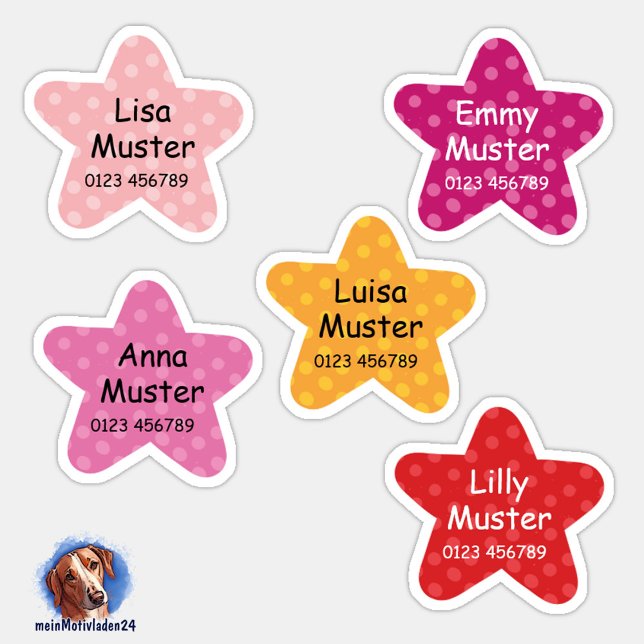 Name Stickers Little Stars 3 | Shape - Stickers (Konturgeschnittene Namensaufkleber für Kinder - Kleine Sterne - rosa, rot, orange, personalisierbar )