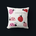 Name Sweet Cute Pink Red Ladybug Cartoon Throw Pillow<br><div class="desc">Cute personalized pillow with lucky pink and red ladybugs. Baby ladybug,  nursery room pillow. Girly ladybug pillow.</div>