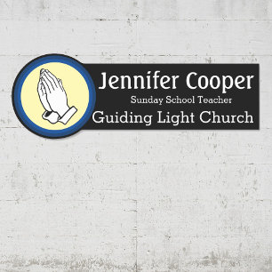 Name Tag Praying Hands Custom Text Church Badge