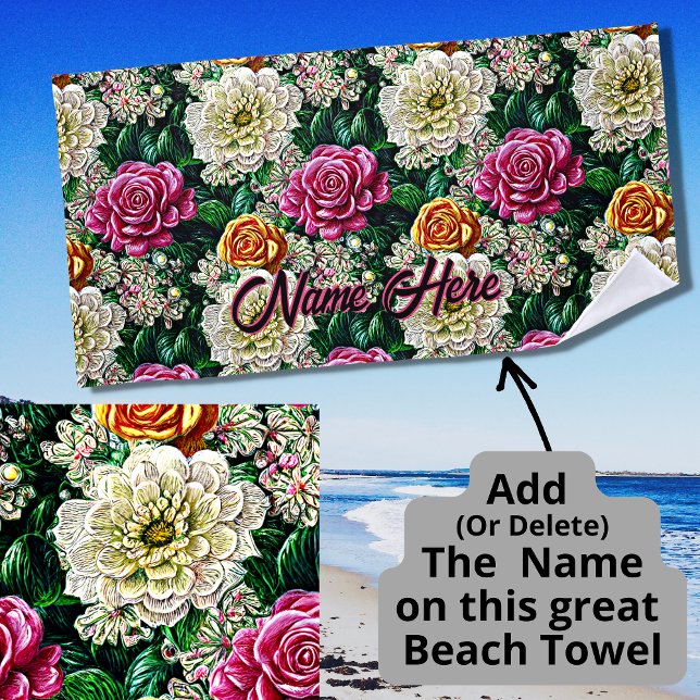 Name Tapestry Illustration Pink White Gold Flowers Beach Towel (Creator Uploaded)