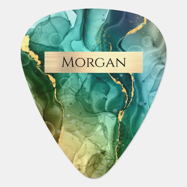Name, Teal & Gold Ink Abstract, Gold Bar Guitar Pick (Front)