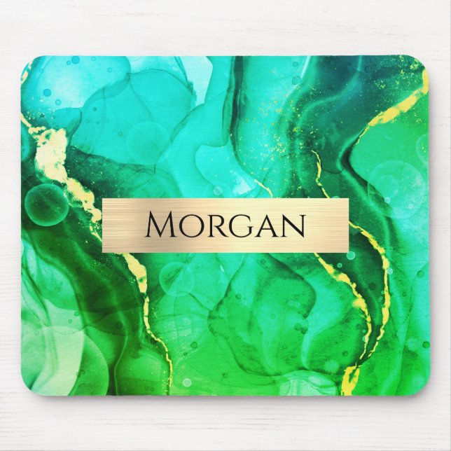 Name, Teal Yellow & Green Liquid Ink, Gold Bar Mouse Pad (Front)