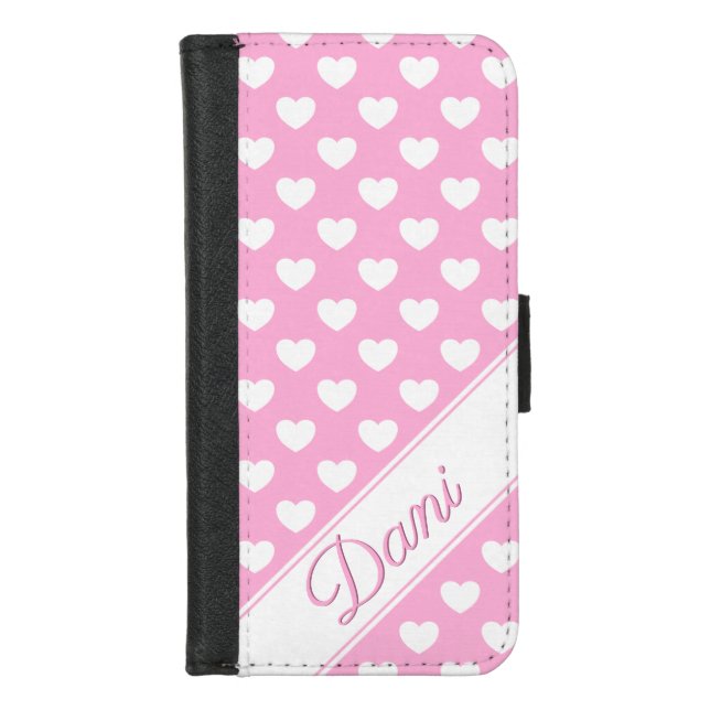 Name Template, Girly Pink And White Hearts iPhone Wallet Case (Front)