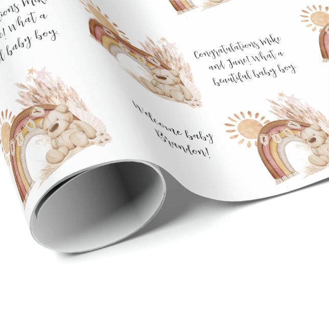 Name Text Boho Bear Rainbow Sun Animal Baby Shower Wrapping Paper (Roll Corner)