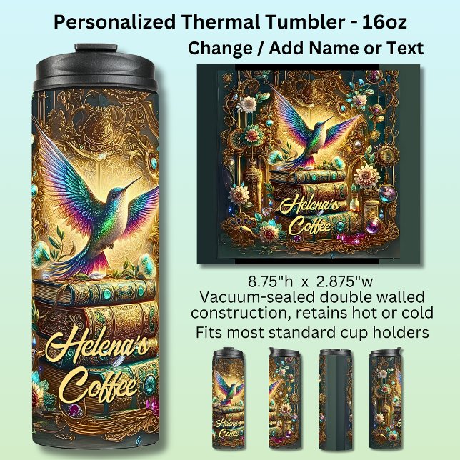 Name Text, Hummingbird & Jeweled Books Thermal Tumbler (Creator Uploaded)