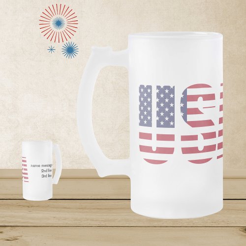 Name  Text on Patriotic USA 16oz Frosted Glass Beer Mug