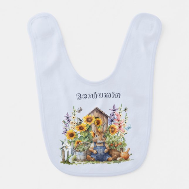 Name Text Saying Flower Garden Sunflowers Rabbit  Baby Bib (Front)