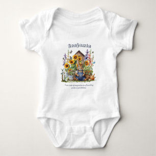 Name Text Saying Flower Garden Sunflowers Rabbit Baby Bodysuit