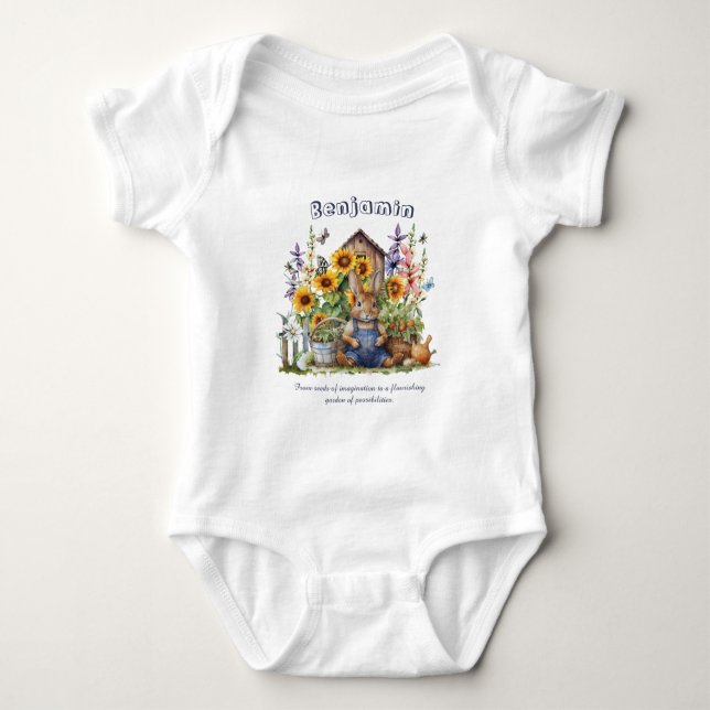 Name Text Saying Flower Garden Sunflowers Rabbit  Baby Bodysuit (Front)