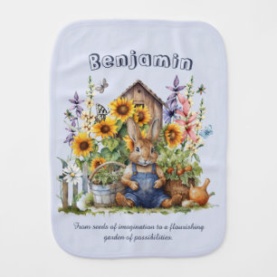 Name Text Saying Flower Garden Sunflowers Rabbit  Baby Burp Cloth