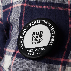 name, text + special date, photo black pinback button