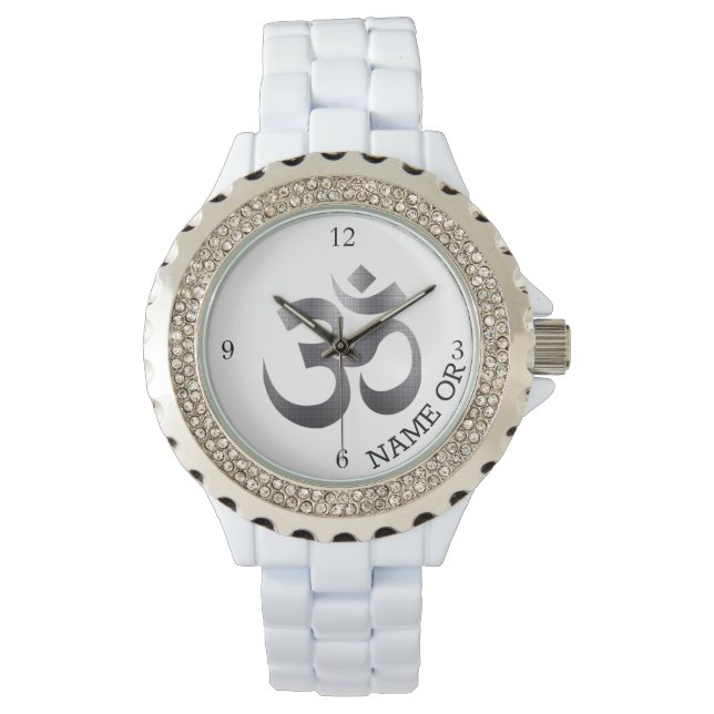 Name, Textured-Looking Metal Om Symbol Rhinestone Watch (Front)