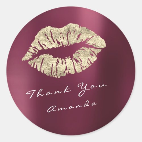 Name Thank You Metal Kiss Gold Burgundy Red Makeup Classic Round Sticker