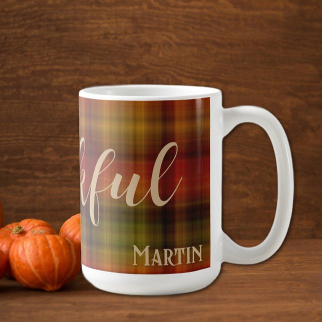 Name & Thankful on Plaid Pattern 15oz Autumn Mug (Creator Uploaded)