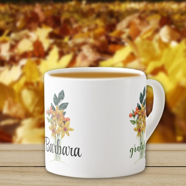 Name, Thankful Quilled Autumn Flowers 6oz Keepsake Espresso Cup (Creator Uploaded)