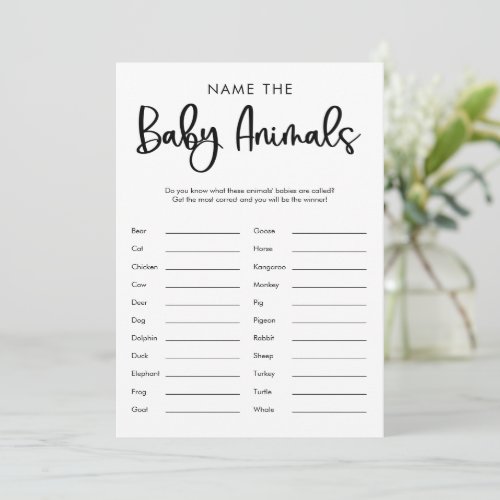 Name that baby animals baby shower game minimalist invitation