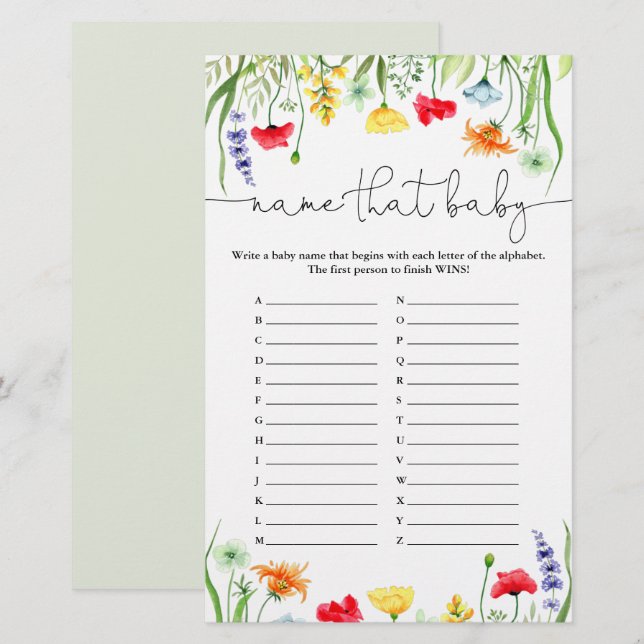 Name that baby game colorful wildflowers (Front/Back)