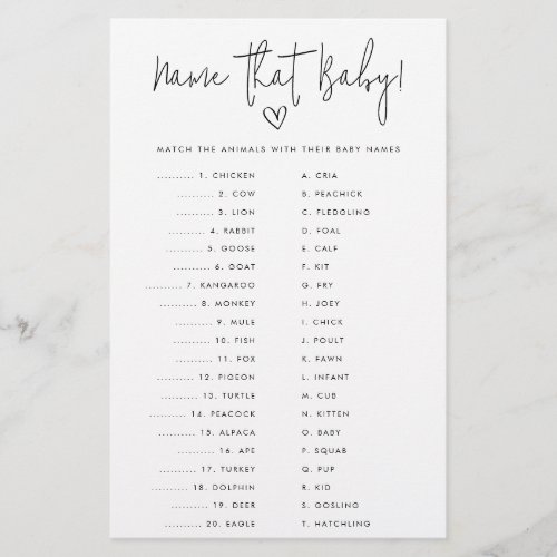Name that Baby Minimalist Shower Paper Game Card