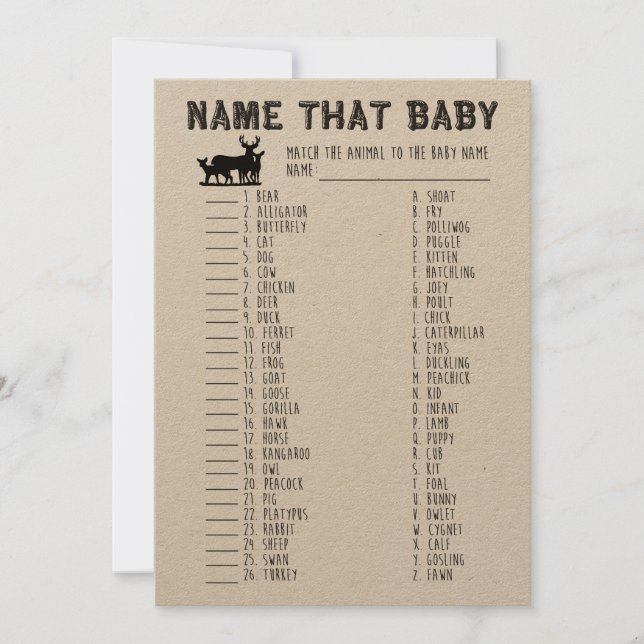 Name That Baby Shower Game, Baby Animals Matching Invitation (Front)