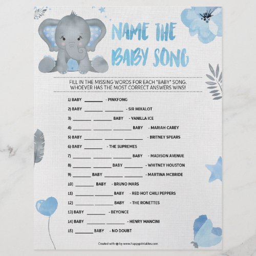 Name That Baby Song Baby Elephant Blue Letterhead
