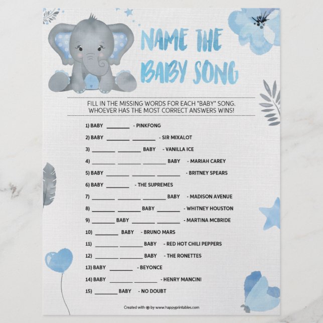 Name That Baby Song [Baby Elephant [Blue]] Letterhead (Front)