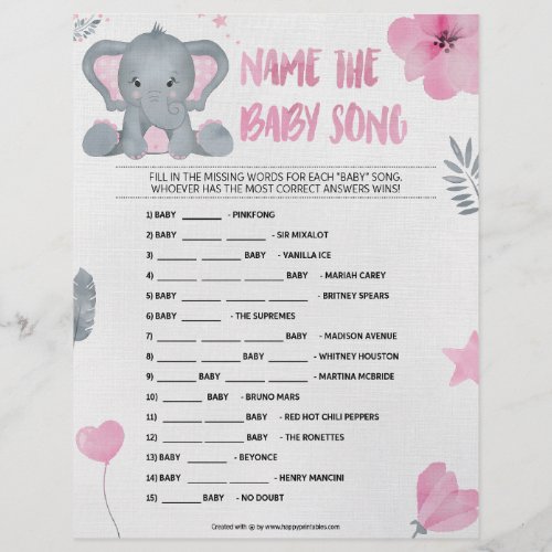 Name That Baby Song Baby Elephant Pink Letterhead