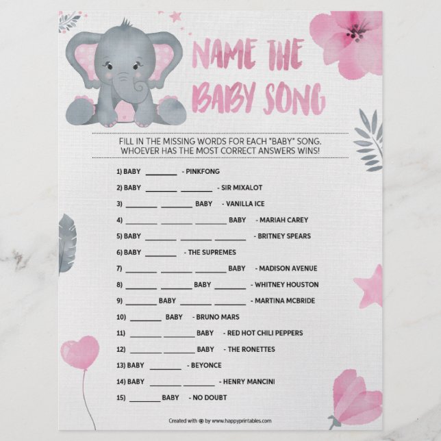 Name That Baby Song [[Baby Elephant [Pink]] Letterhead (Front)