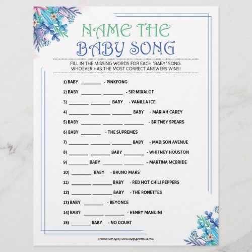 Name That Baby Song Blue Floral Letterhead
