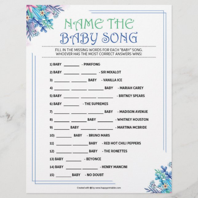 Name That Baby Song [Blue Floral] Letterhead (Front)