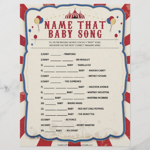 Name That Baby Song Circus Theme Letterhead