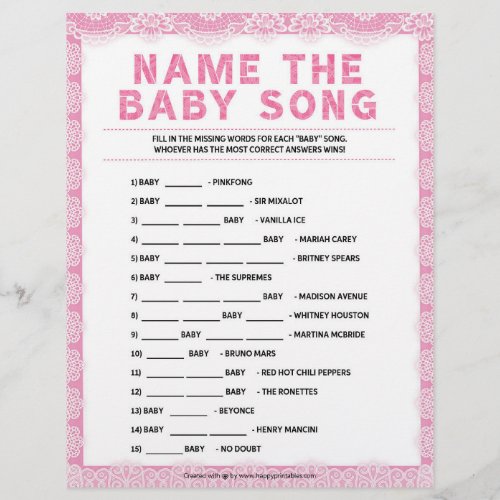 Name That Baby Song Luxury Lace Pink Letterhead