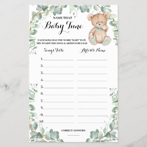 Name that Baby Tune Bear Greenery Shower Game Card Flyer