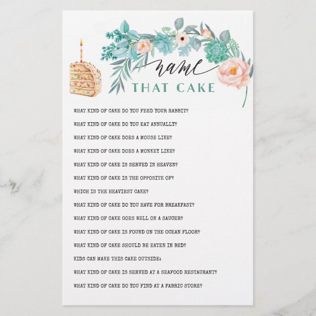 Name that Cake Bridal Shower Game (Front)