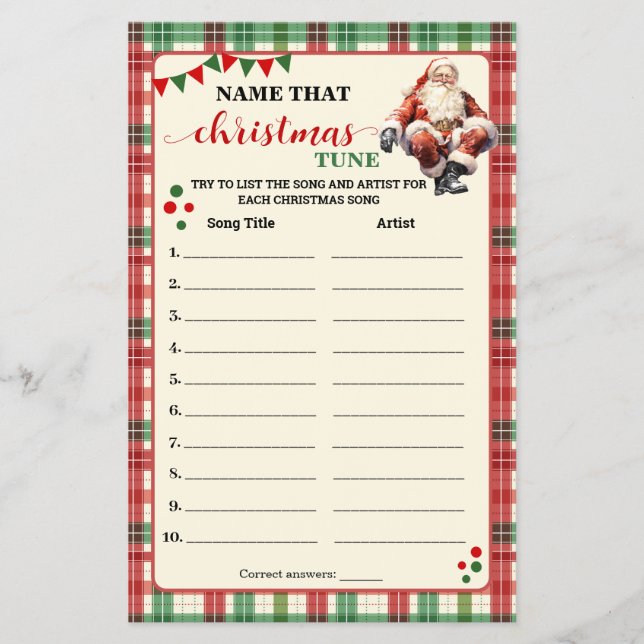 Name that Christmas Tune Plaid Game Card Flyer (Front)