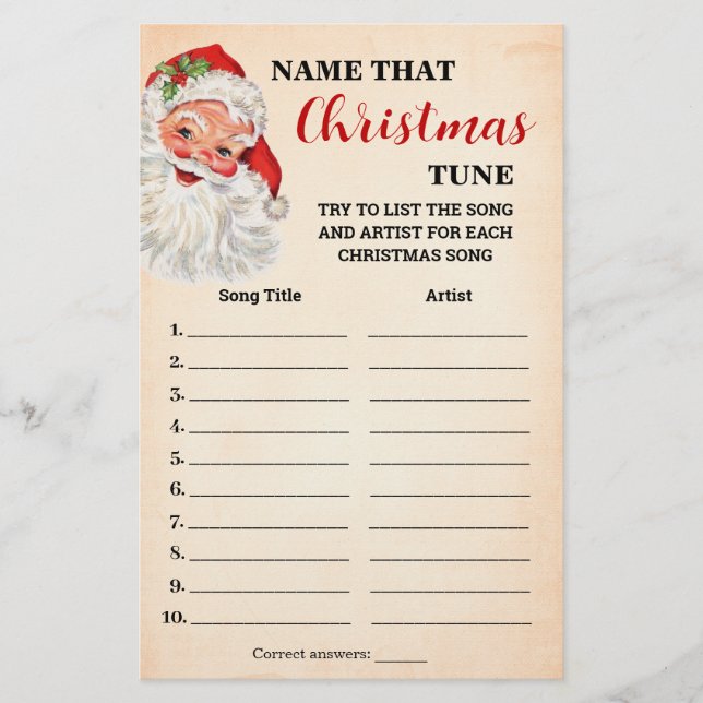 Name that Christmas Tune Santa Game Card Flyer (Front)