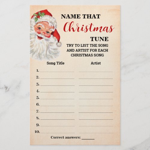 Name that Christmas Tune Santa Game Card Flyer