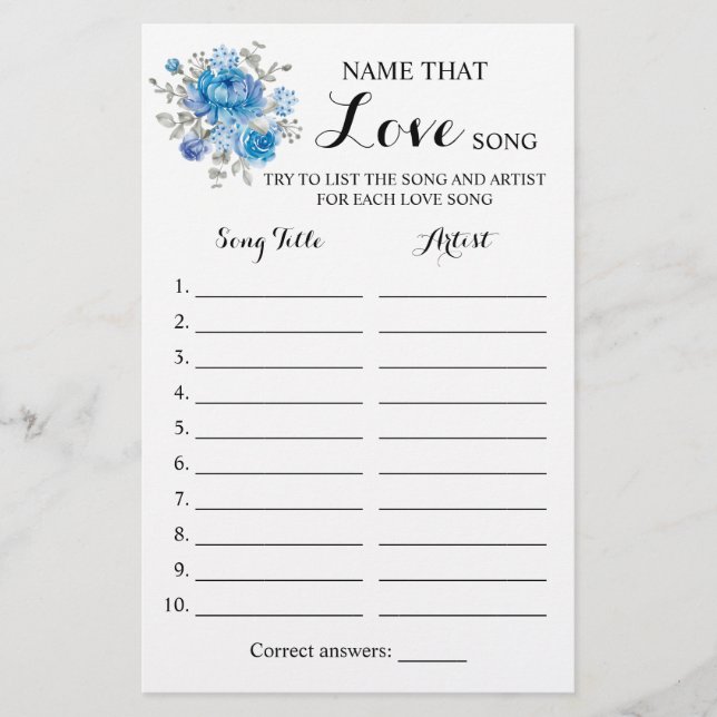 Name that Love Song Blue Flower Game Card Flyer (Front)