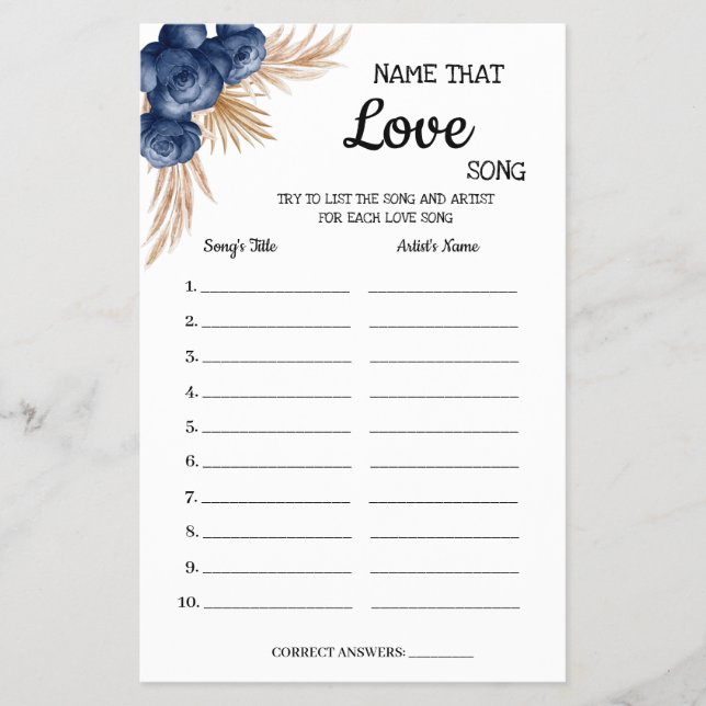 Name that Love Song Blue Flowers Shower Game Card Flyer (Front)